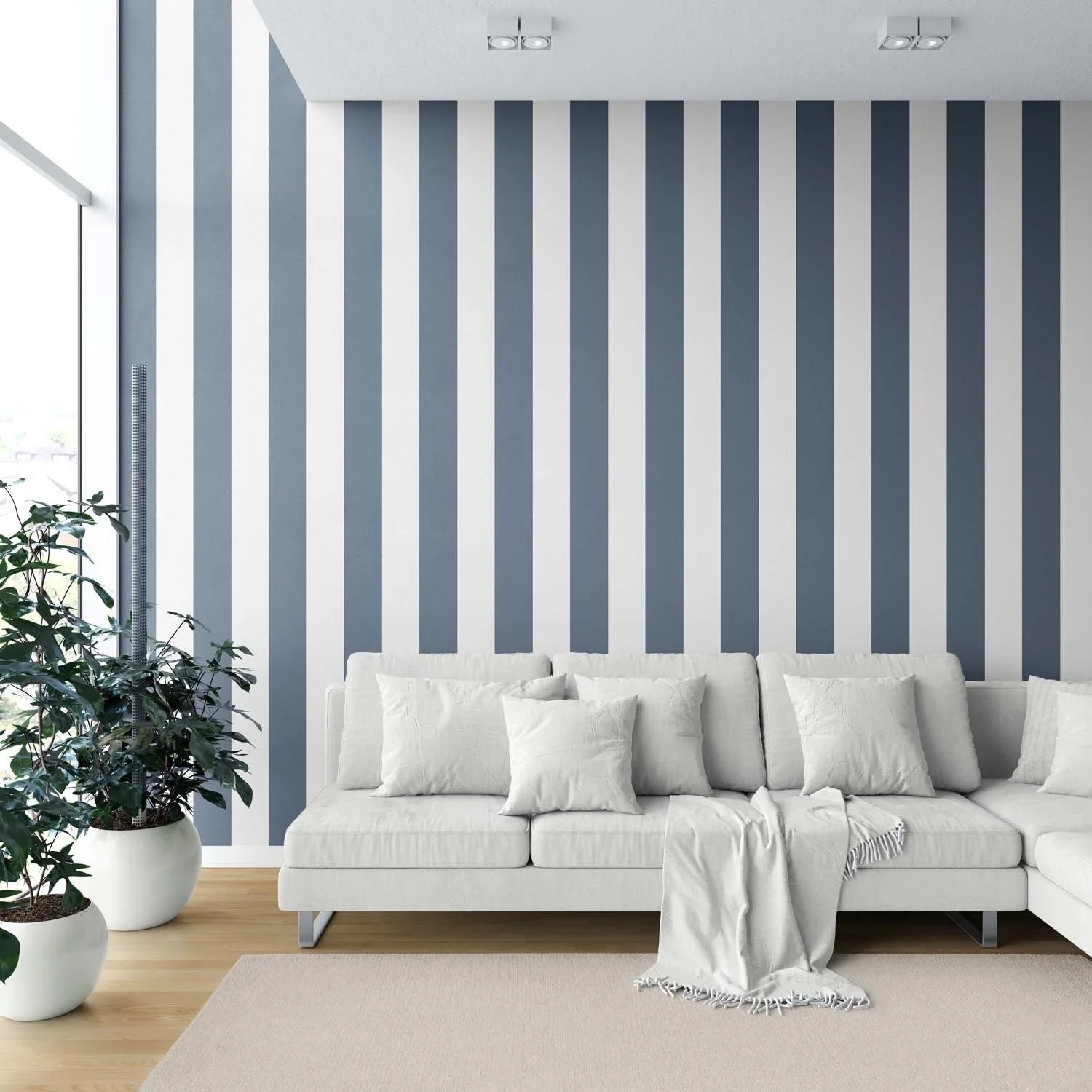 Neutral Geometric Striped Kitchen Wallpaper (Slate Blue/ White)