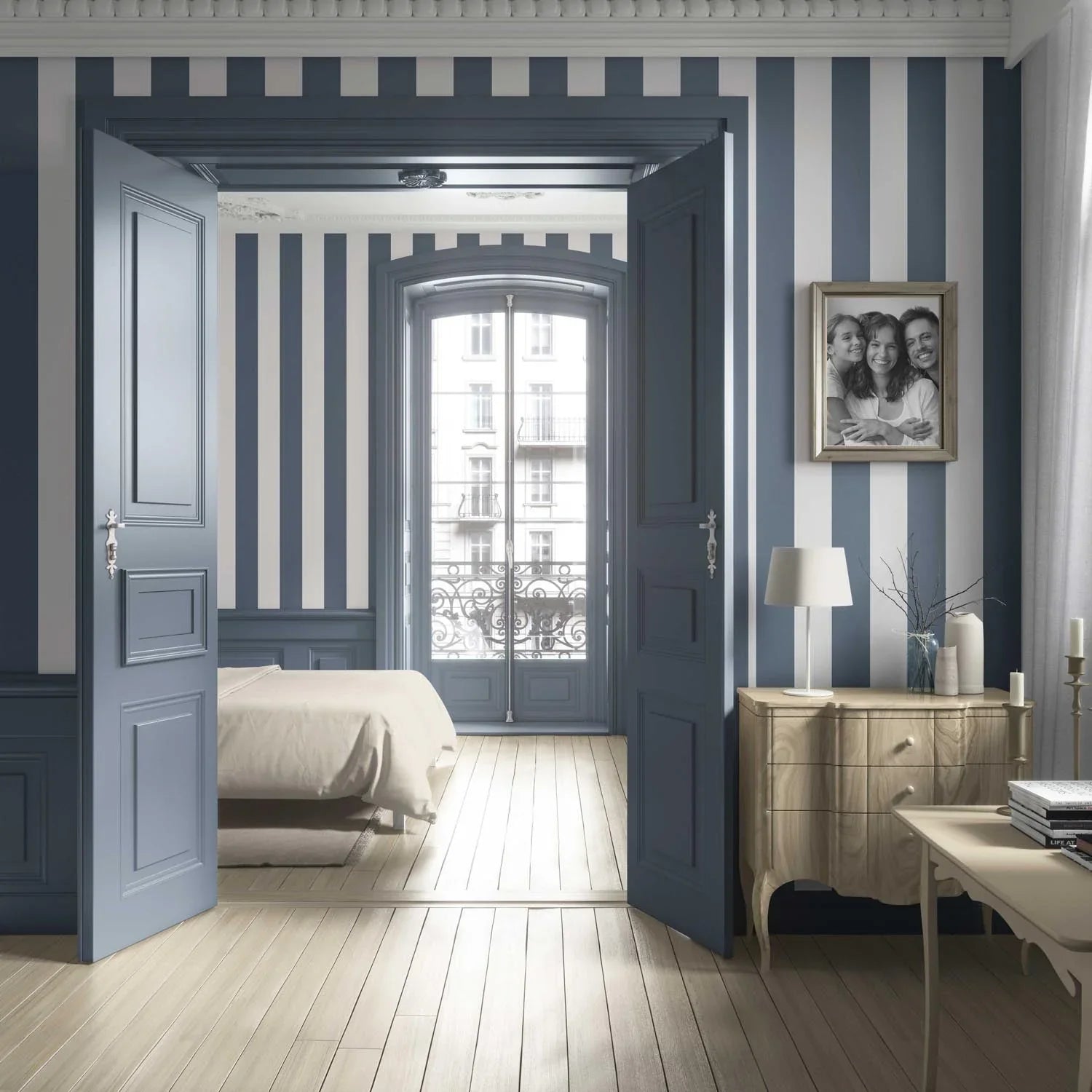 Neutral Geometric Striped Living Room Wallpaper (Slate Blue/ White)