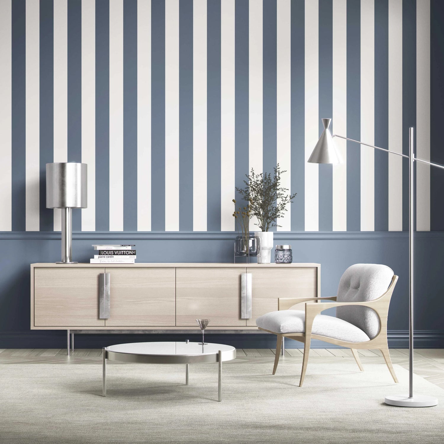 Neutral Geometric Striped Nursery Wallpaper (Slate Blue/ White)