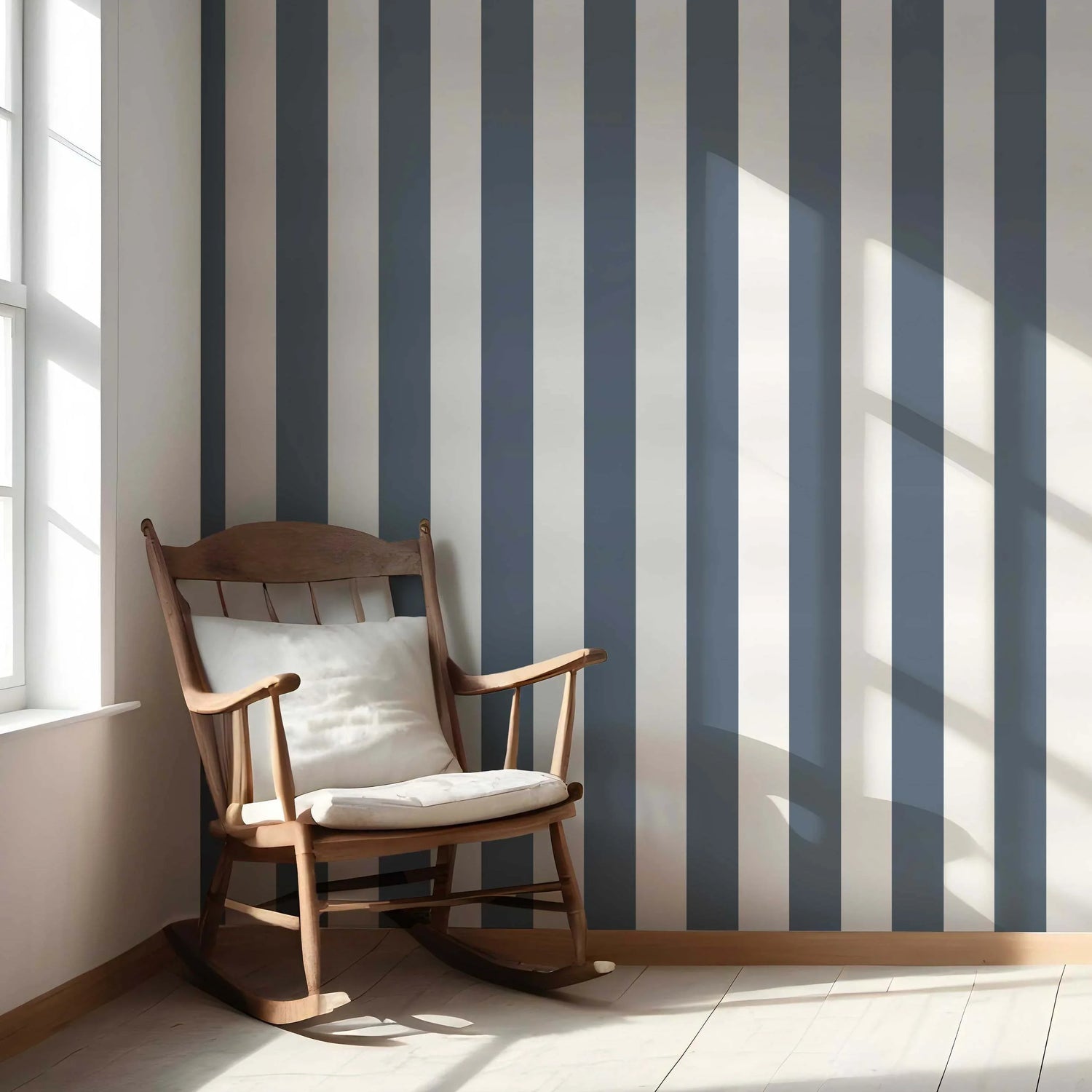 Neutral Geometric Striped Shower Toilet Wallpaper (Slate Blue/ White)