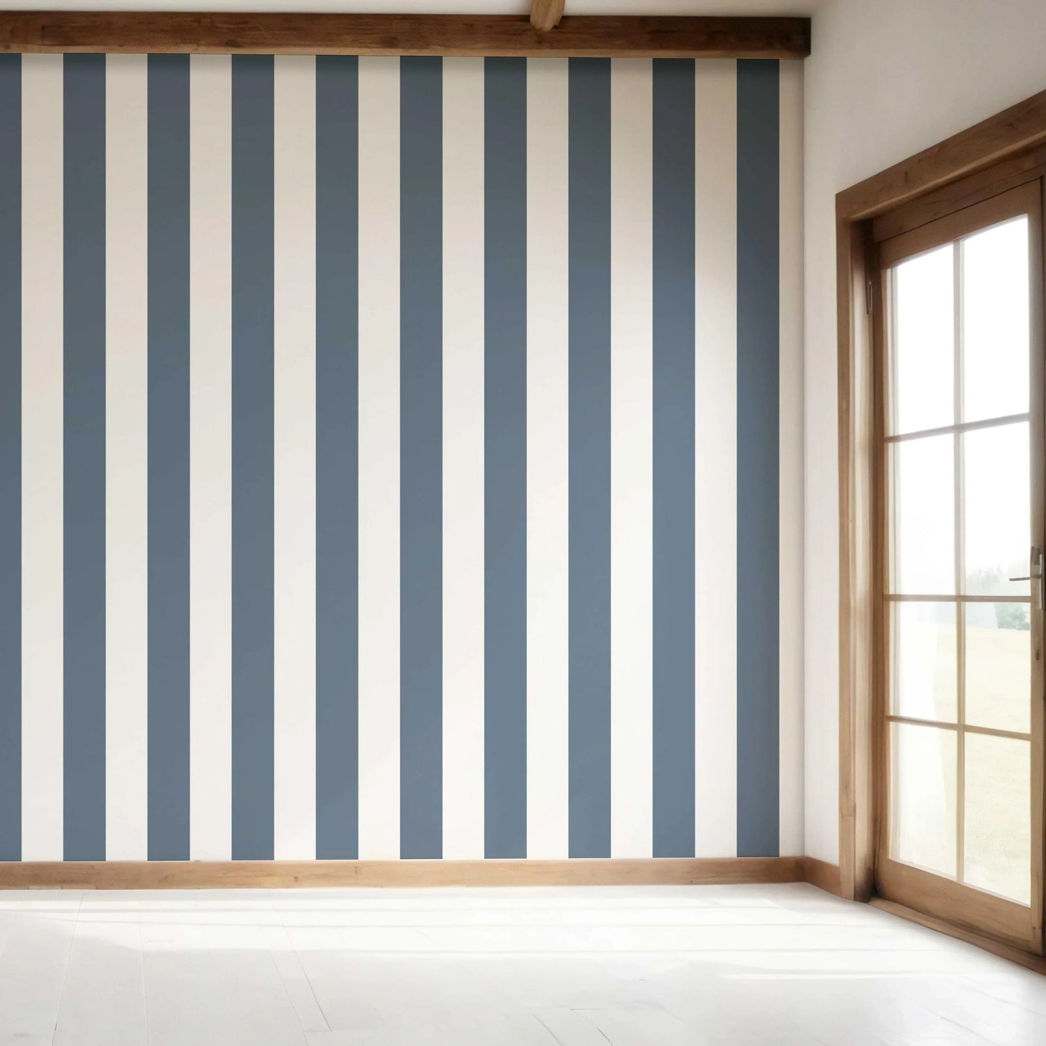 Neutral Geometric Striped Bedroom Wallpaper (Slate Blue/ White)