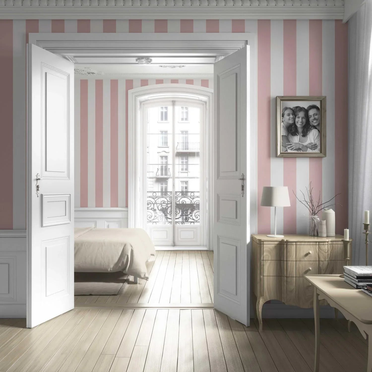 Geometric Striped Living Room Wallpaper (Blush Pink/ White)