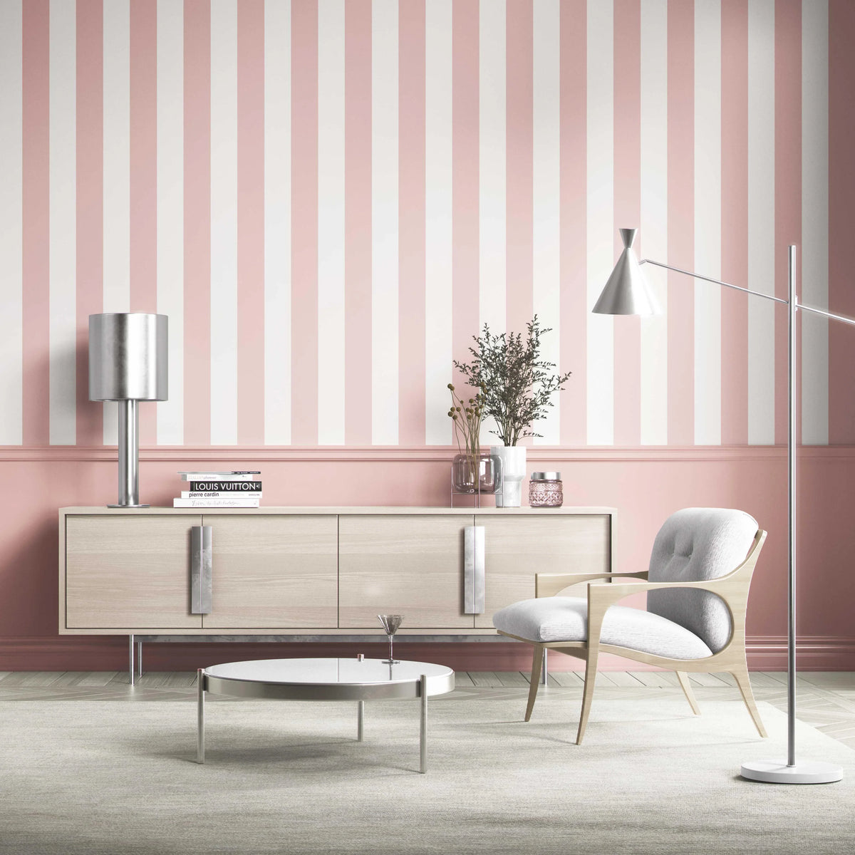 Geometric Striped Nursery Wallpaper (Blush Pink/ White)