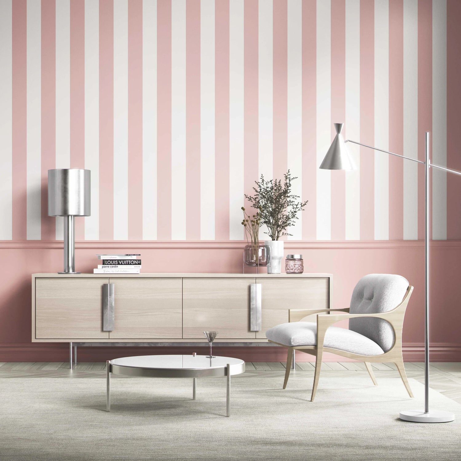 Geometric Striped Nursery Wallpaper (Blush Pink/ White)