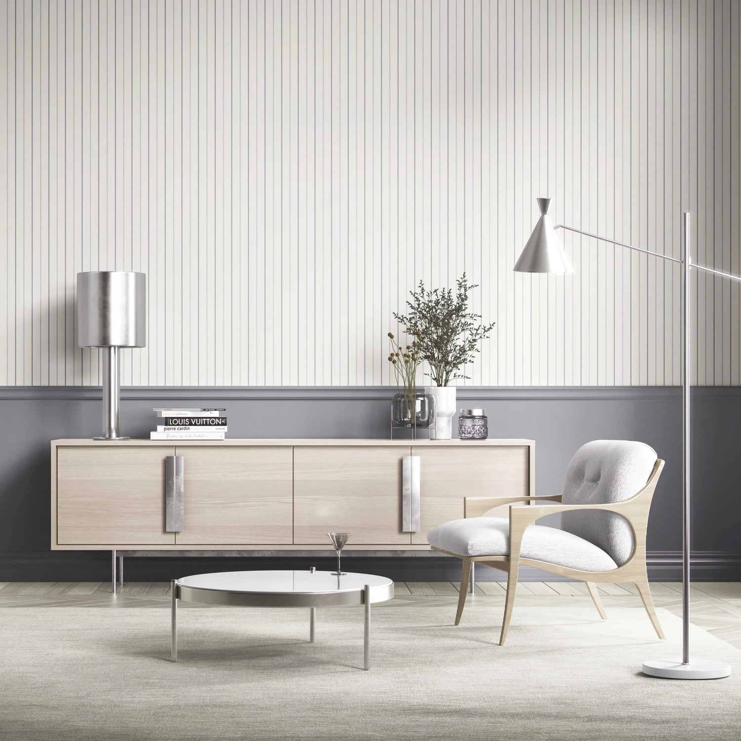 Neutral Geometric Striped Bathroom Wallpaper (Cream/ White/ Grey)