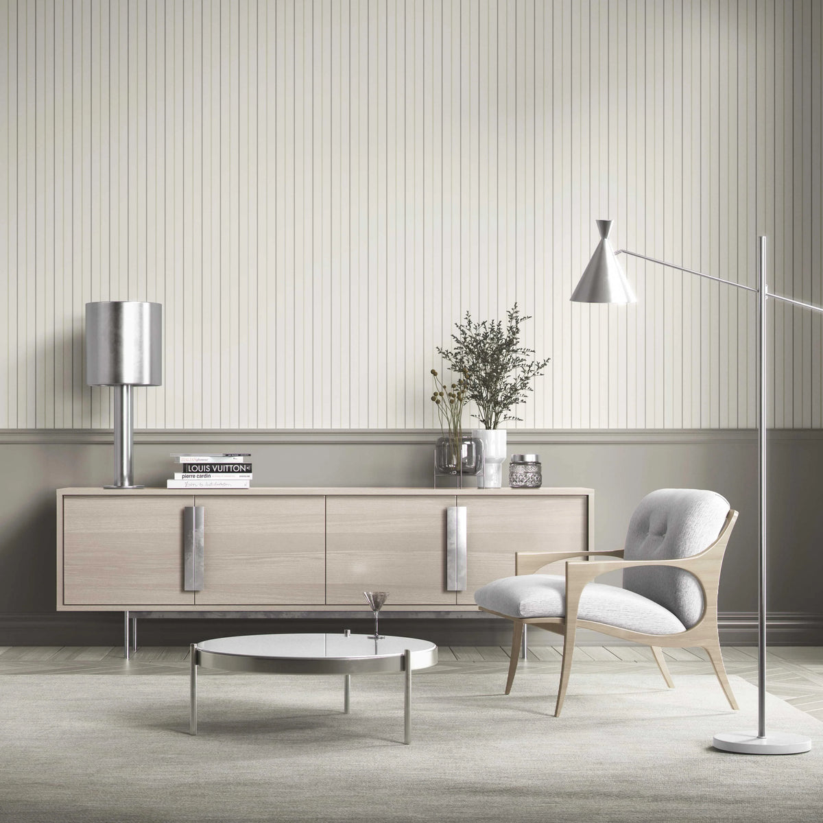 Neutral Geometric Striped Bathroom Wallpaper (Sage Grey/ Beige/ Cream)