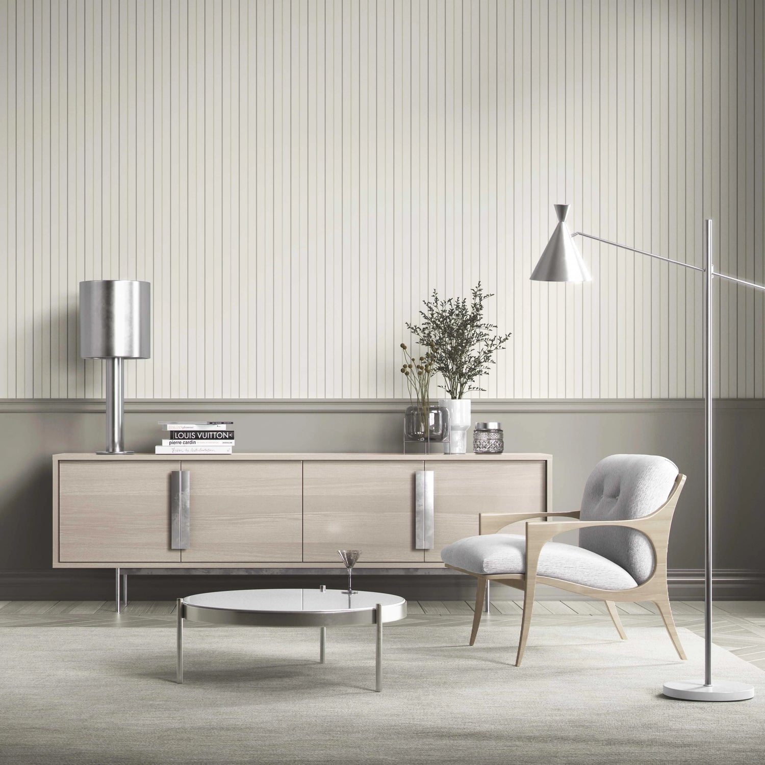 Neutral Geometric Striped Bathroom Wallpaper (Sage Grey/ Beige/ Cream)
