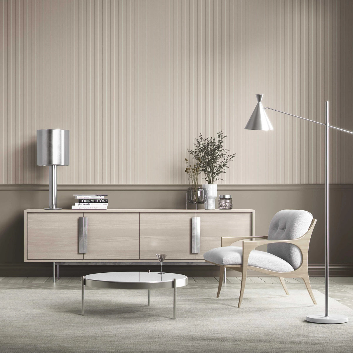 Neutral Geometric Striped Bathroom Wallpaper (Neutral Brown/ Beige)