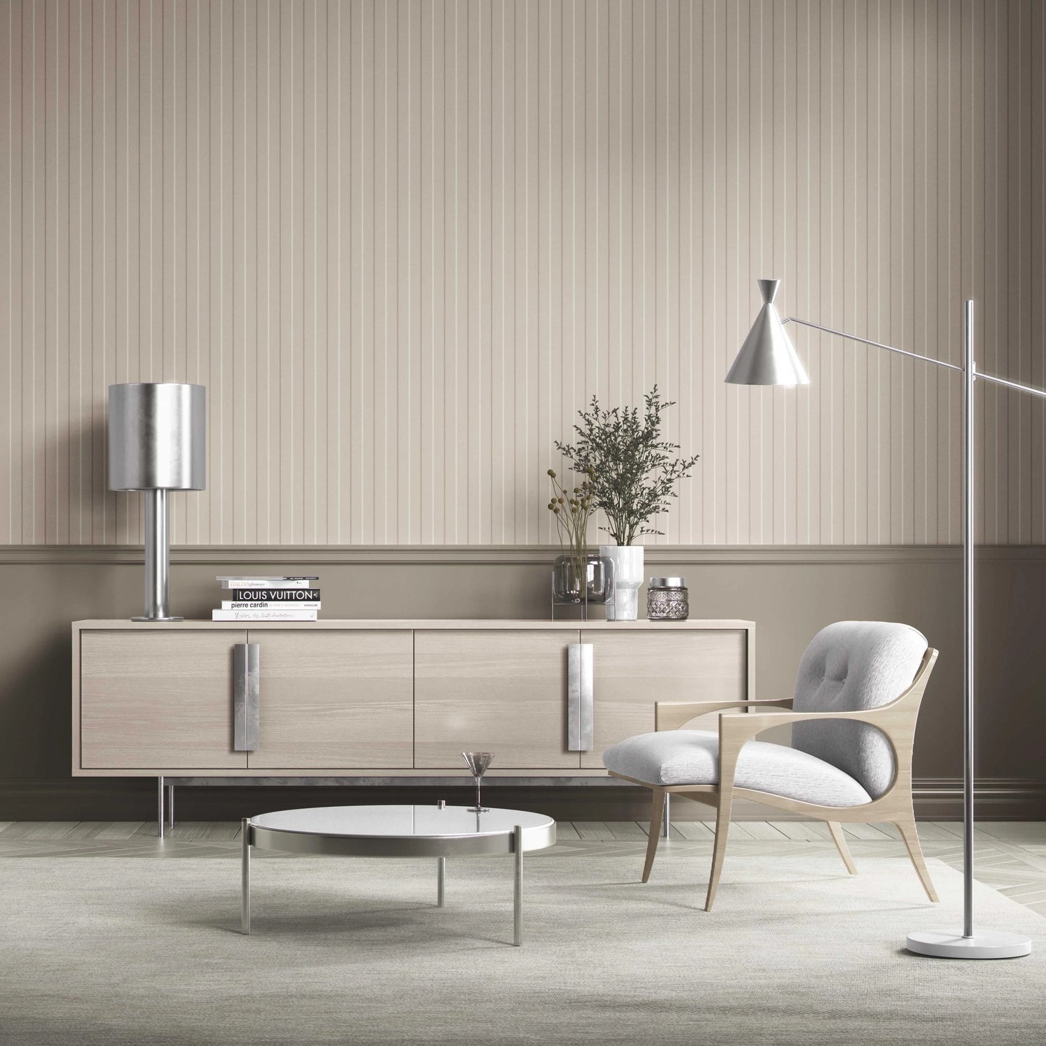 Neutral Geometric Striped Bathroom Wallpaper (Neutral Brown/ Beige)