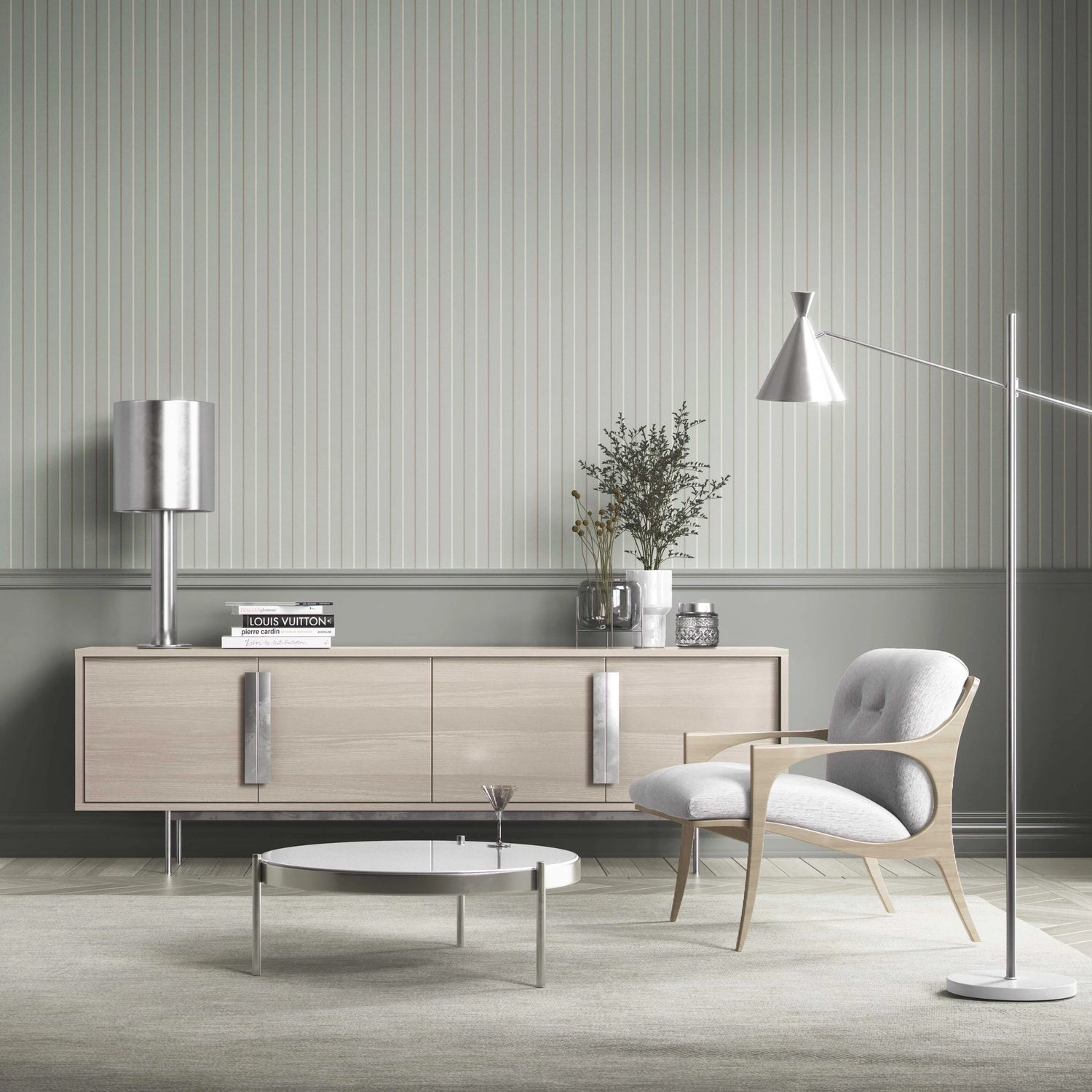 Neutral Geometric Striped Bathroom Wallpaper (Green-Grey)