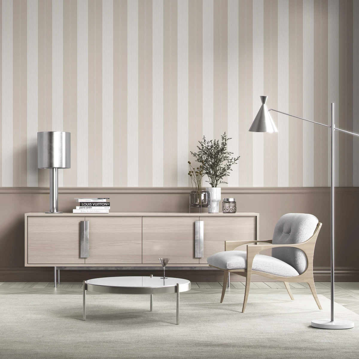 Neutral Geometric Striped Kitchen Wallpaper (Greige/ Beige/ Warm Grey)