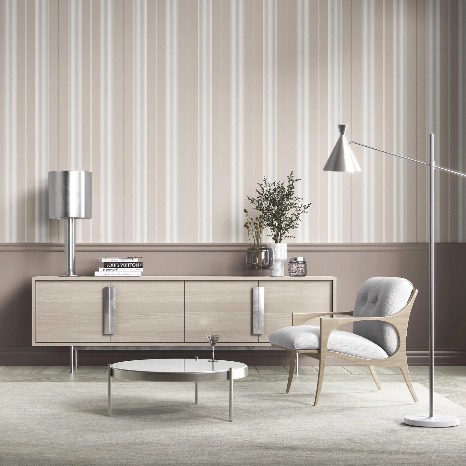 Neutral Geometric Striped Kitchen Wallpaper (Beige/ Greige/ Warm Grey)
