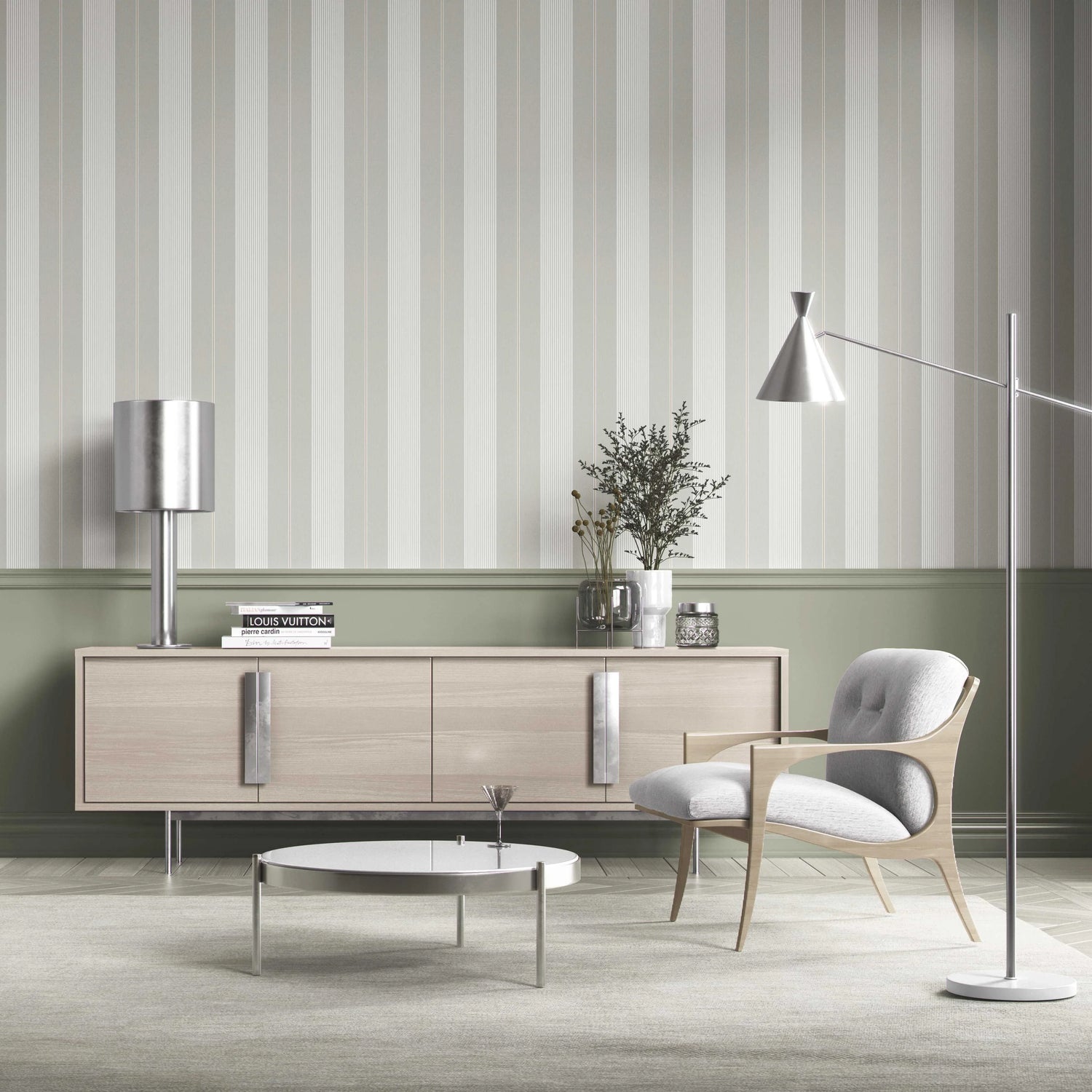 Neutral Geometric Striped Kitchen Wallpaper (Grey-Green)