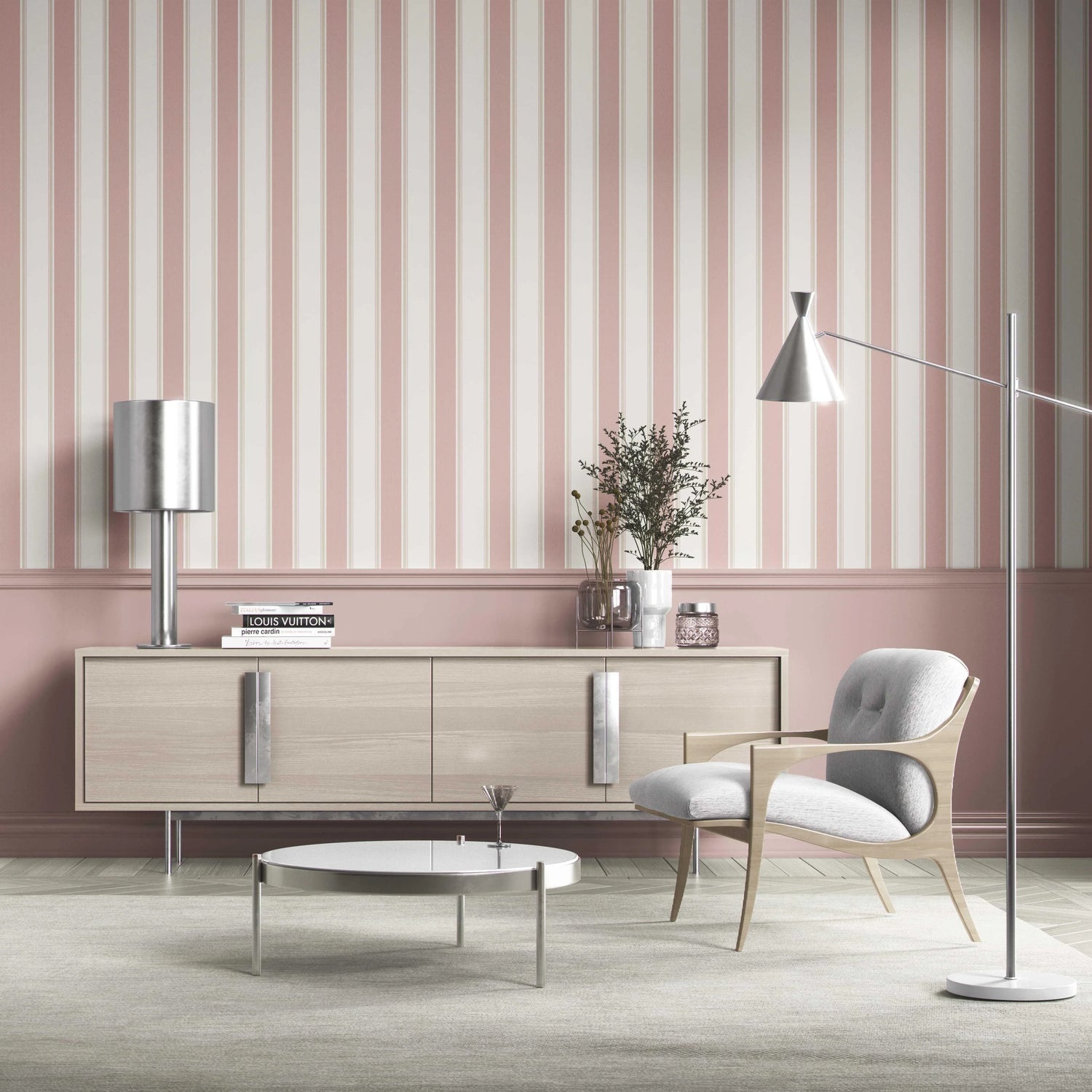Geometric Striped Shower Toilet Wallpaper (Blush Pink)