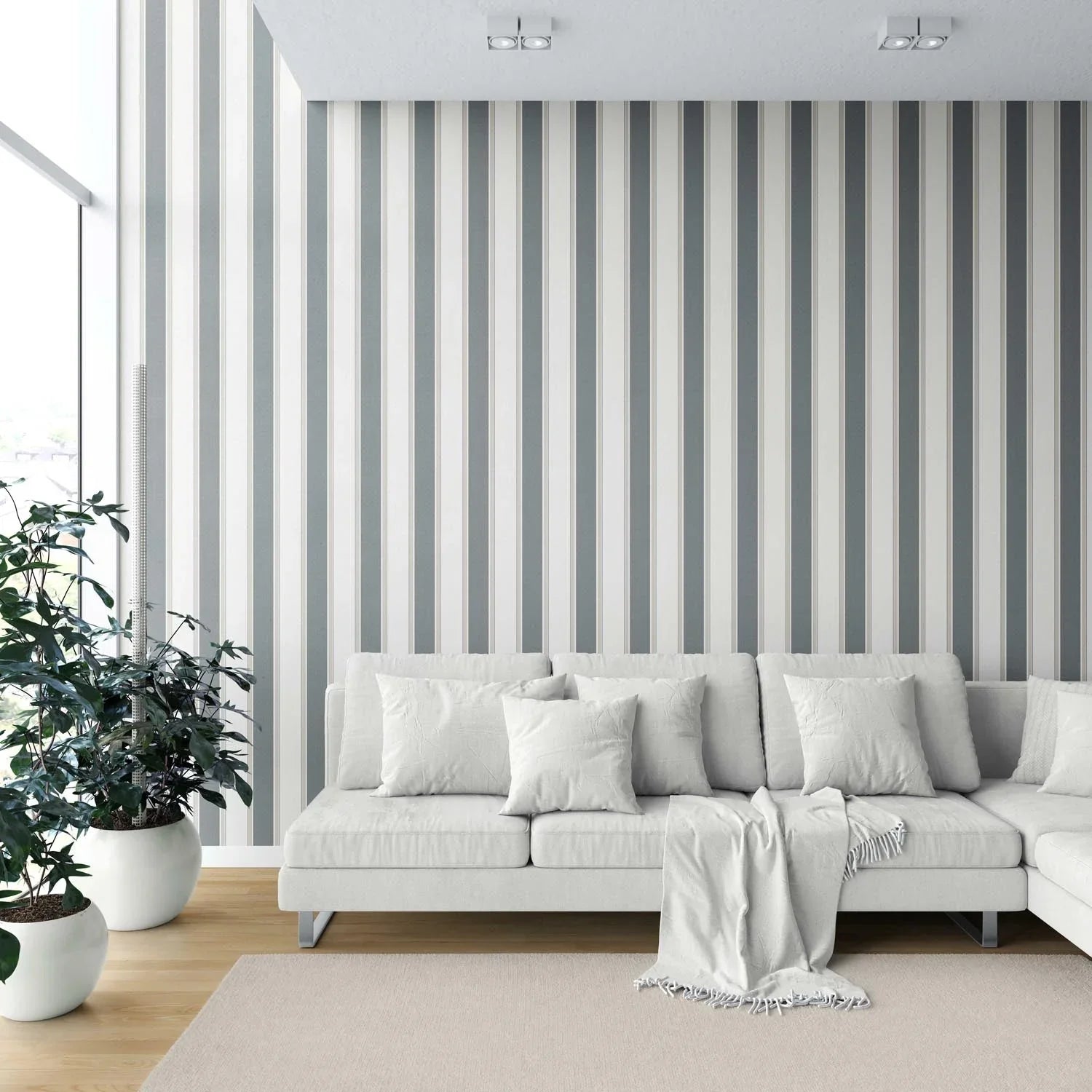 Neutral Geometric Striped Kitchen Wallpaper (Slate Blue/ Grey)