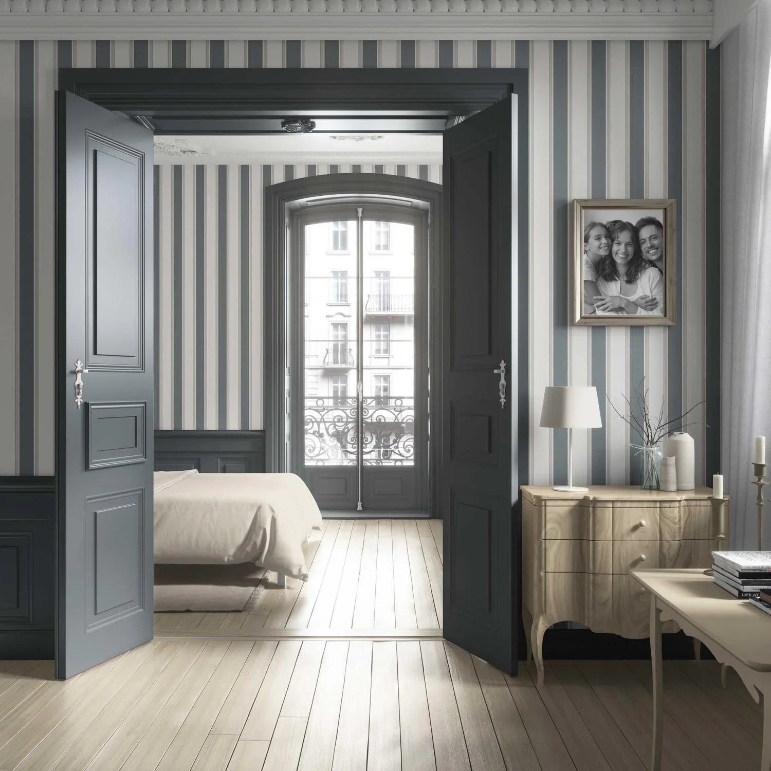 Neutral Geometric Striped Living Room Wallpaper (Slate Blue/ Grey)