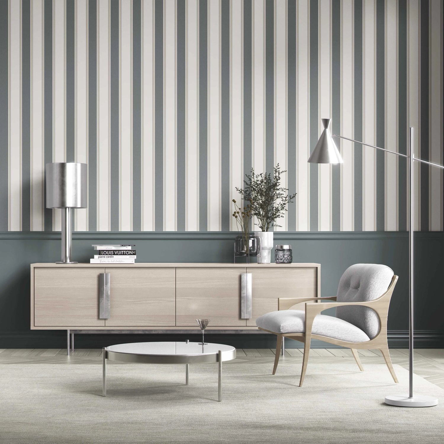 Neutral Geometric Striped Shower Toilet Wallpaper (Slate Blue/ Grey)
