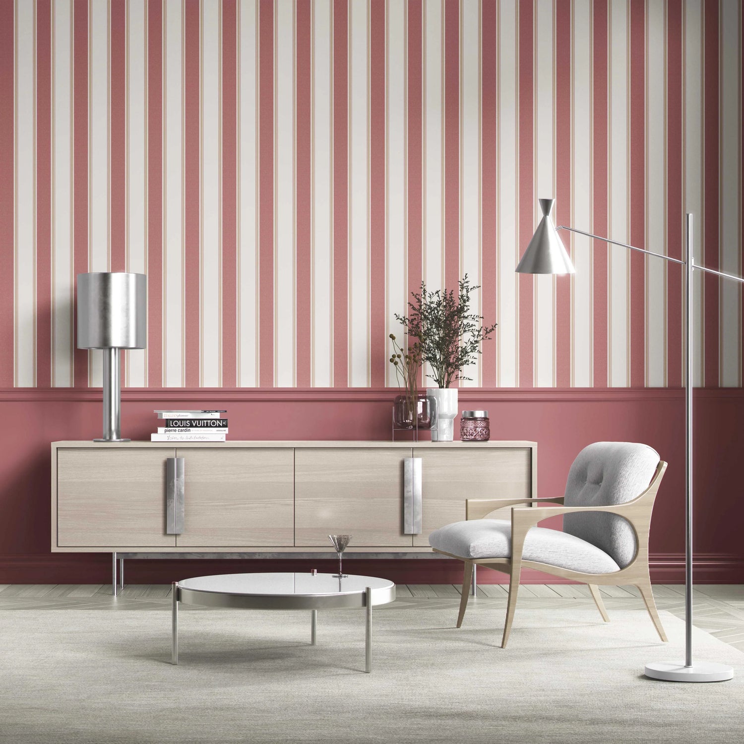 Geometric Striped Shower Toilet Wallpaper (Pastel Pink)