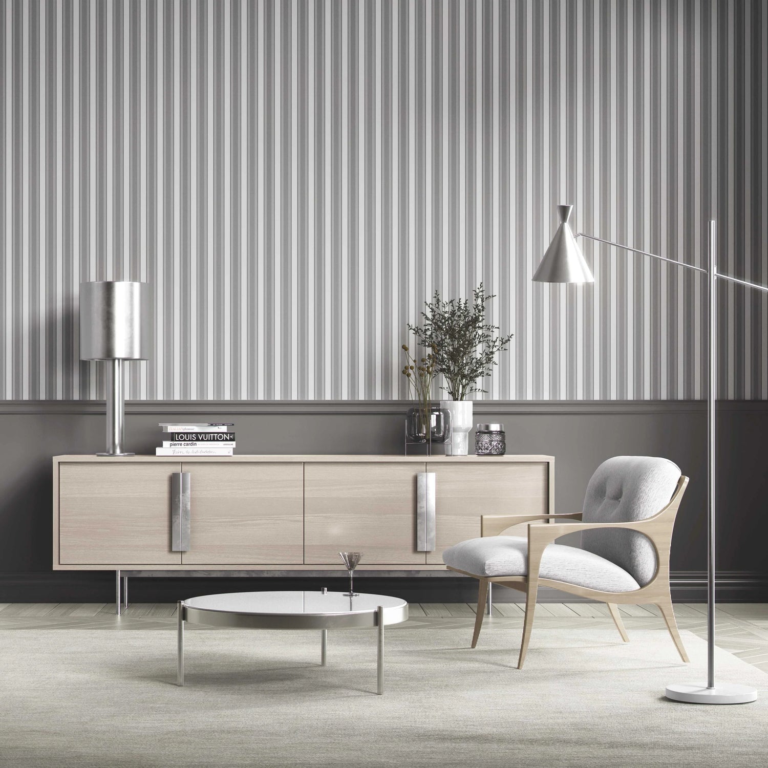 Neutral Geometric Striped Shower Toilet Wallpaper (Grey)