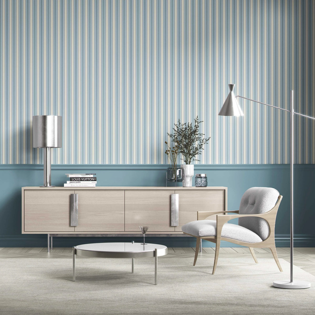 Geometric Striped Shower Toilet Wallpaper (Blue/ Cream)