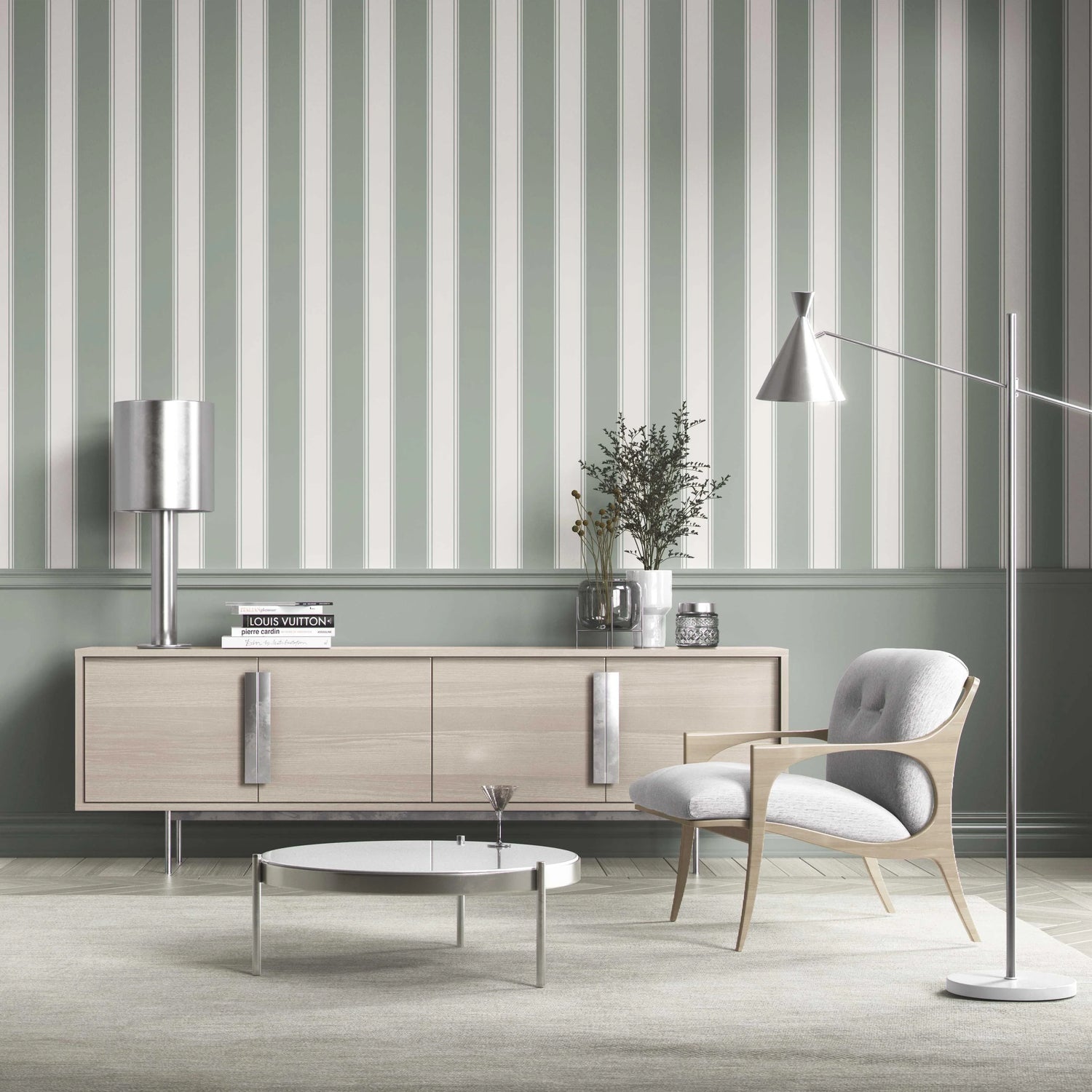 Geometric Striped Shower Toilet Wallpaper (Sage Green/ Grey)