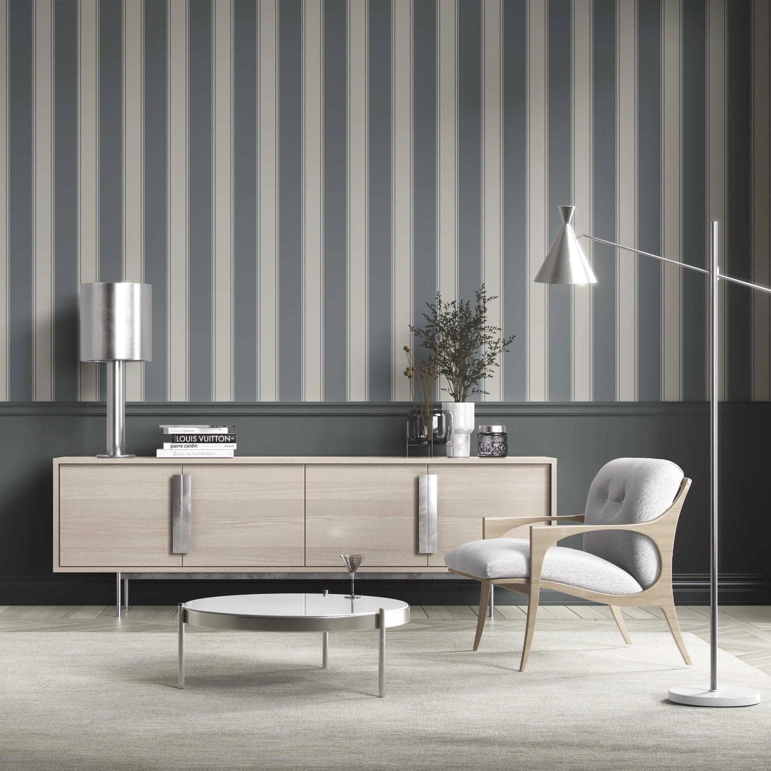 Neutral Geometric Striped Kitchen Wallpaper (Slate Grey)