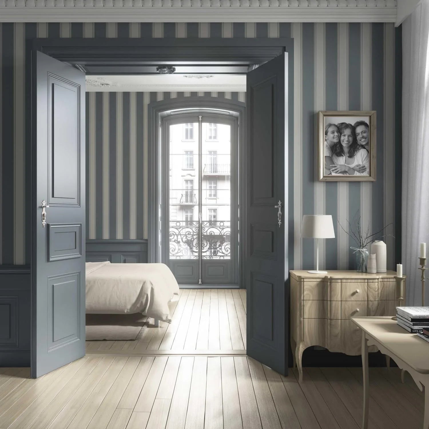 Neutral Geometric Striped Living Room Wallpaper (Slate Grey)