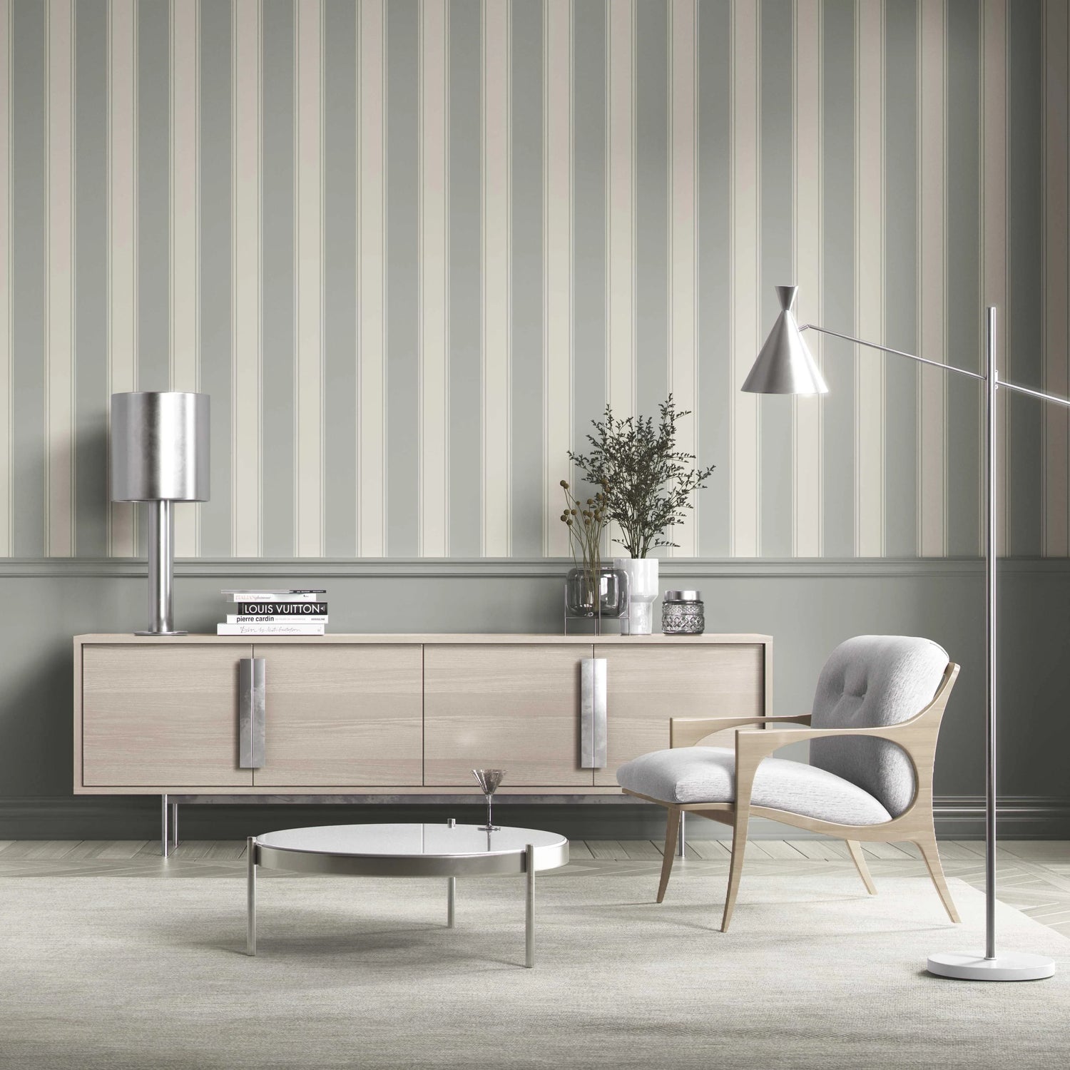 Neutral Geometric Striped Kitchen Wallpaper (Sage Grey)