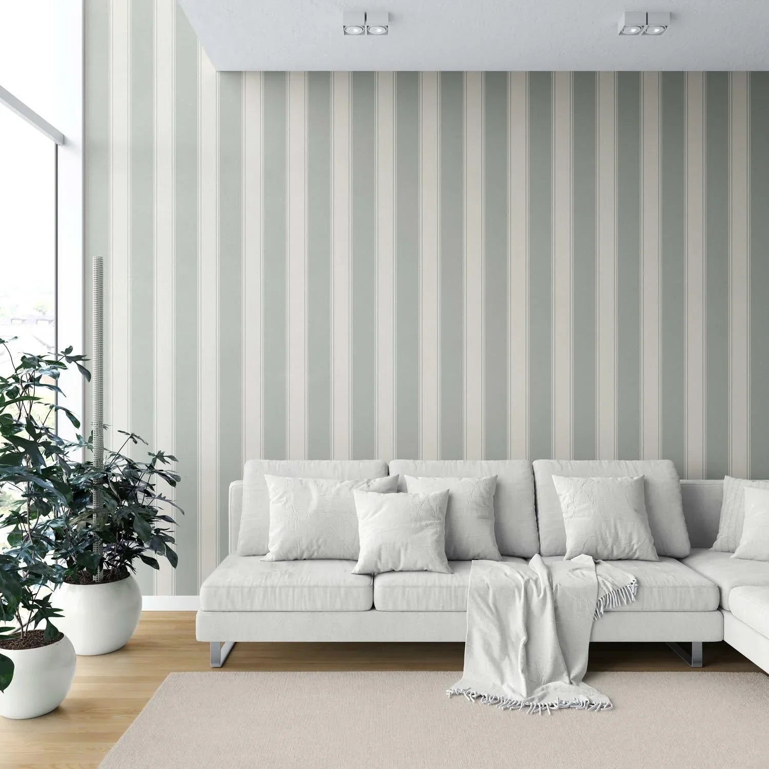 Neutral Geometric Striped Shower Toilet Wallpaper (Sage Grey)