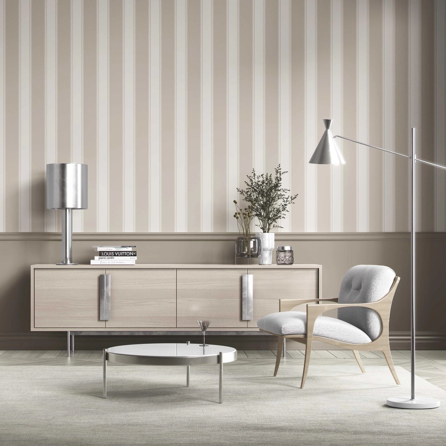 Neutral Geometric Striped Kitchen Wallpaper (Greige/ Taupe/ Warm Grey)