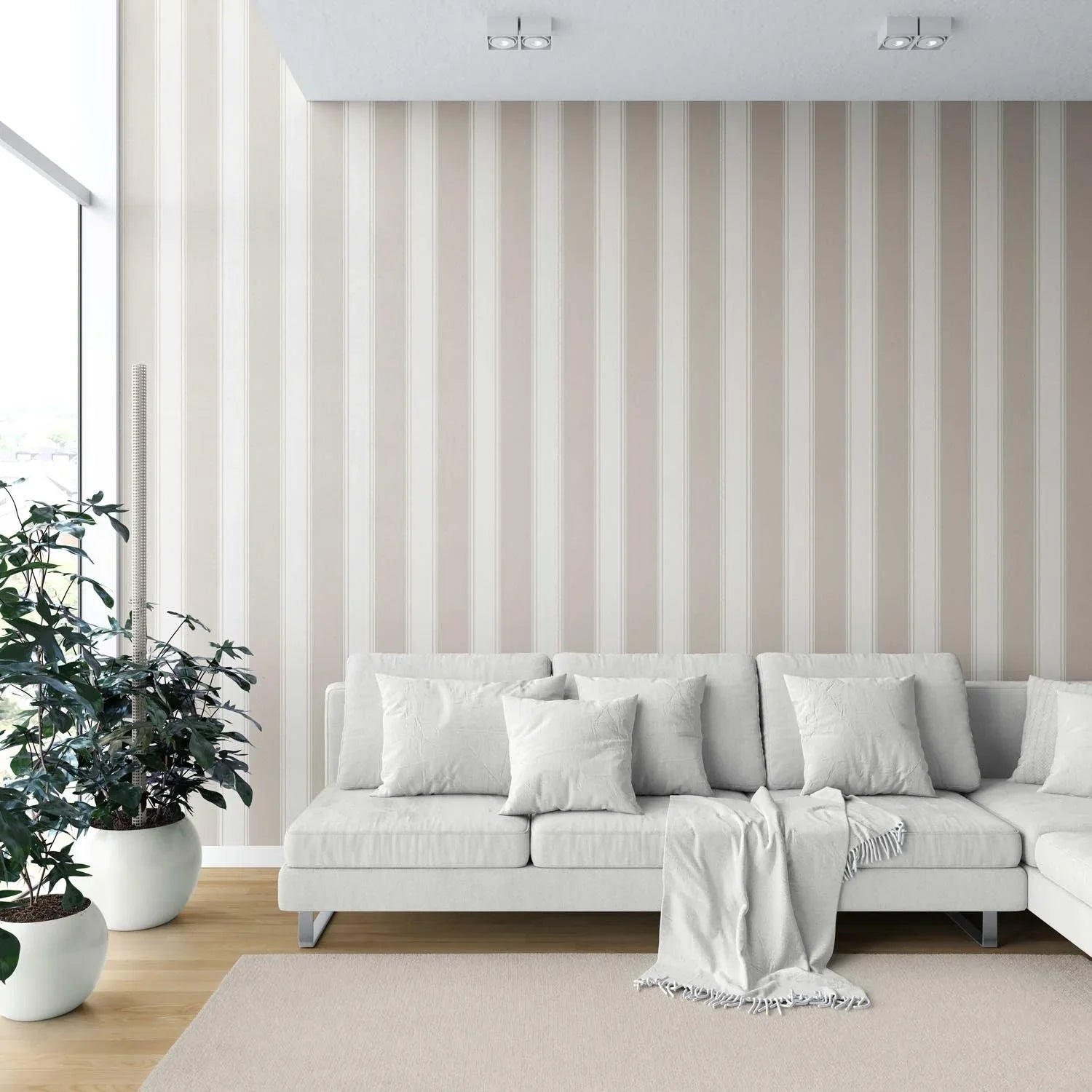 Neutral Geometric Striped Shower Toilet Wallpaper (Greige/ Taupe/ Warm Grey)