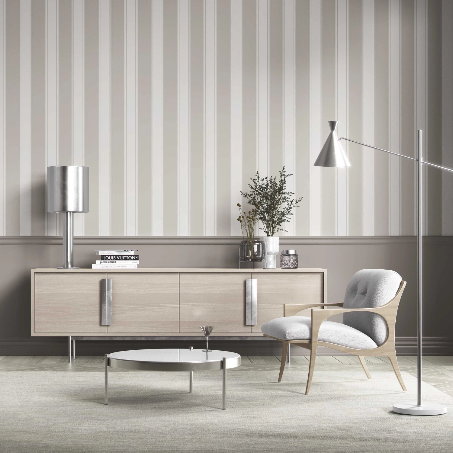 Neutral Geometric Striped Kitchen Wallpaper (Greige/ Warm Grey)