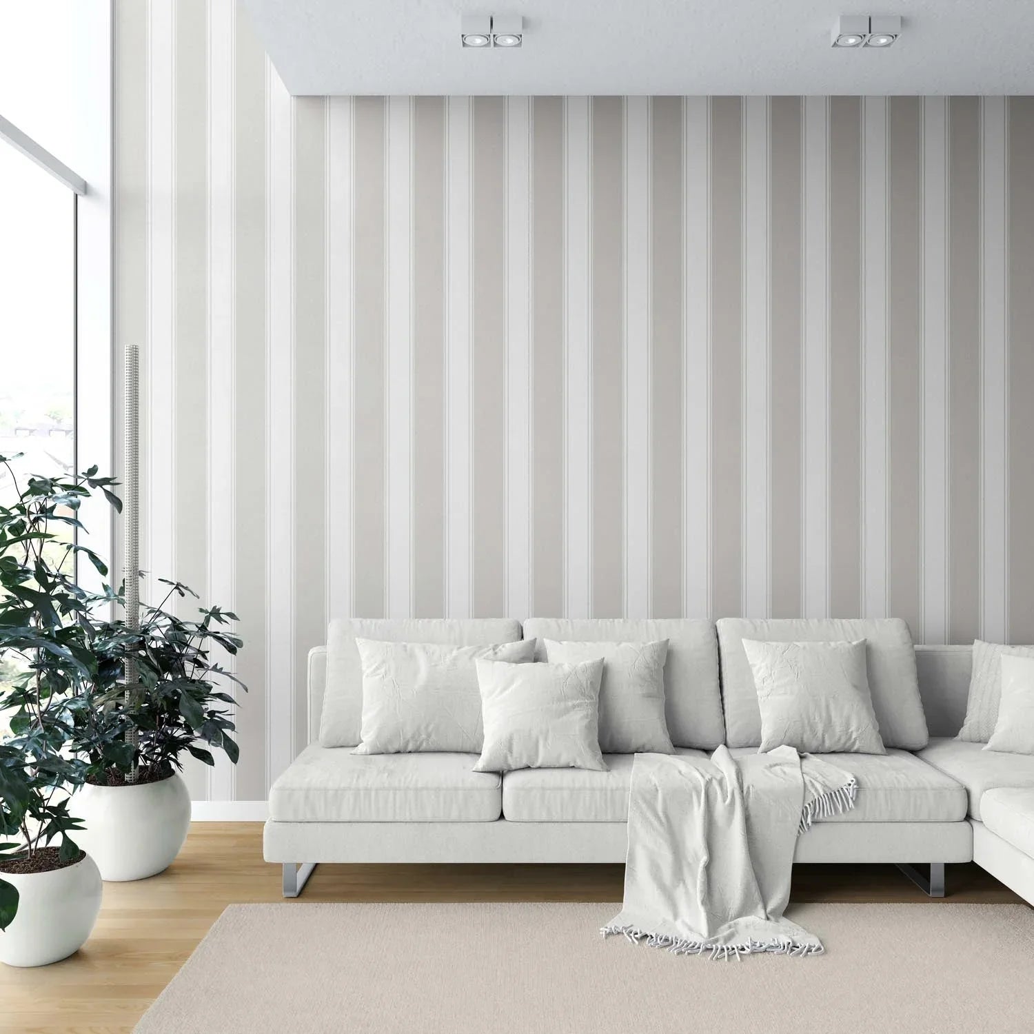 Neutral Geometric Striped Shower Toilet Wallpaper (Greige/ Warm Grey)