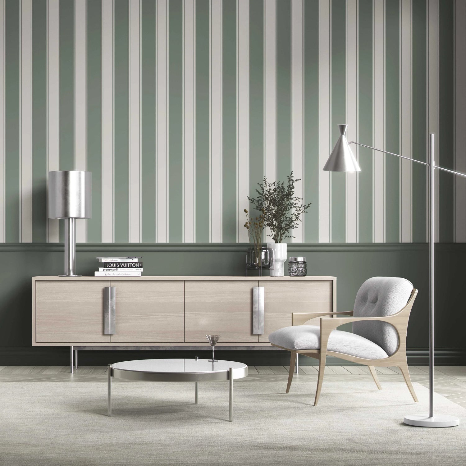 Geometric Striped Shower Toilet Wallpaper (Sage Green)