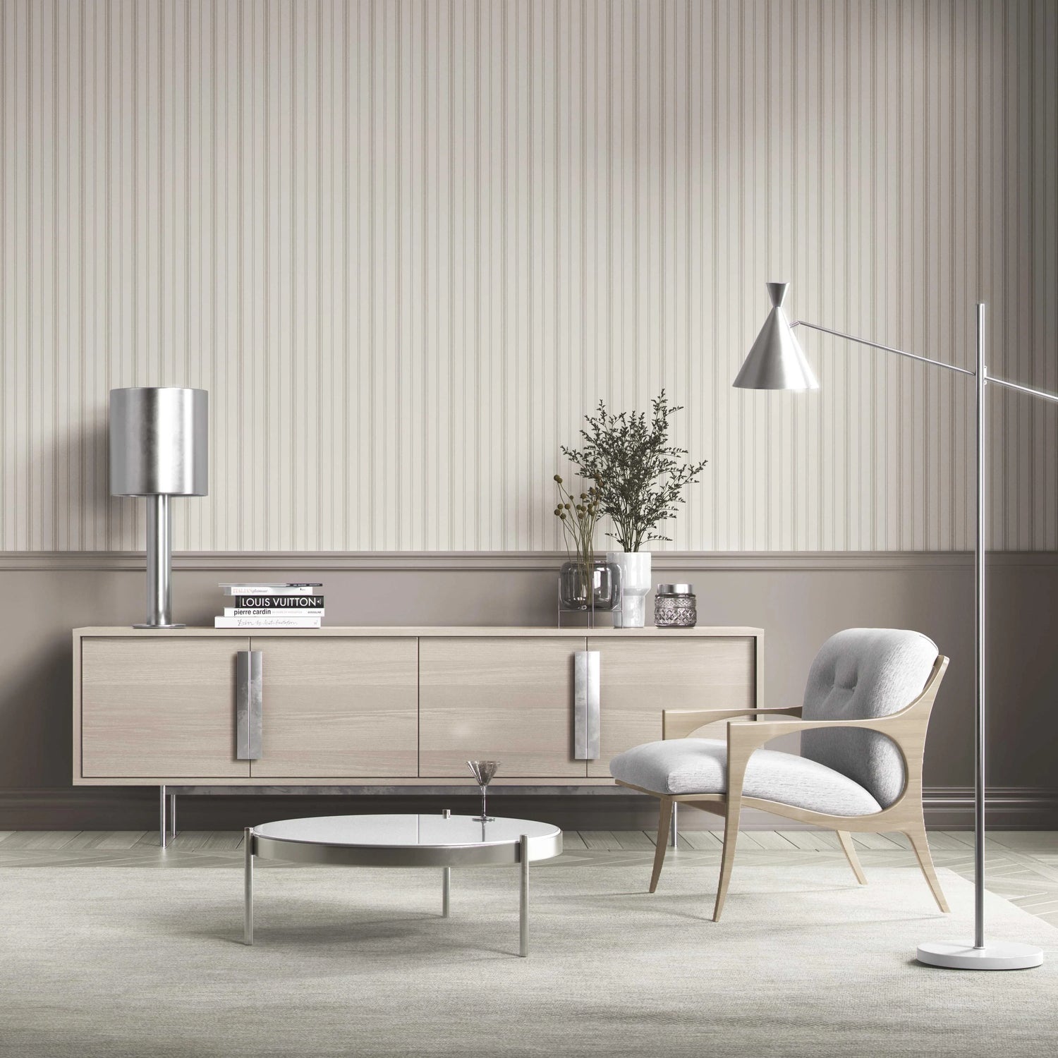 Neutral Geometric Striped Bathroom Wallpaper (Cream/ Beige/ Grey)