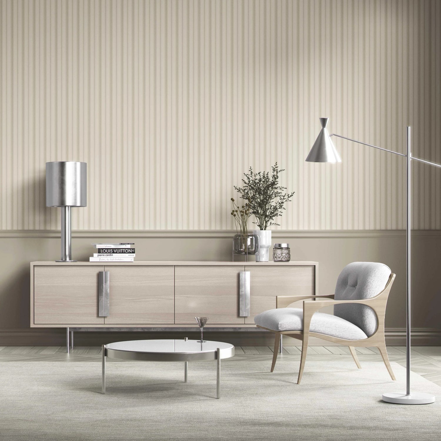 Neutral Geometric Striped Bathroom Wallpaper (Beige/ Taupe)