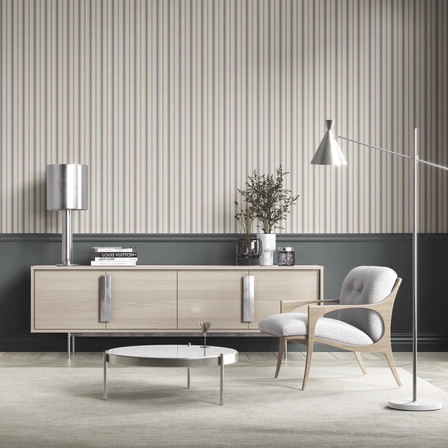 Neutral Geometric Striped Bathroom Wallpaper (Ash Grey/ Cream)