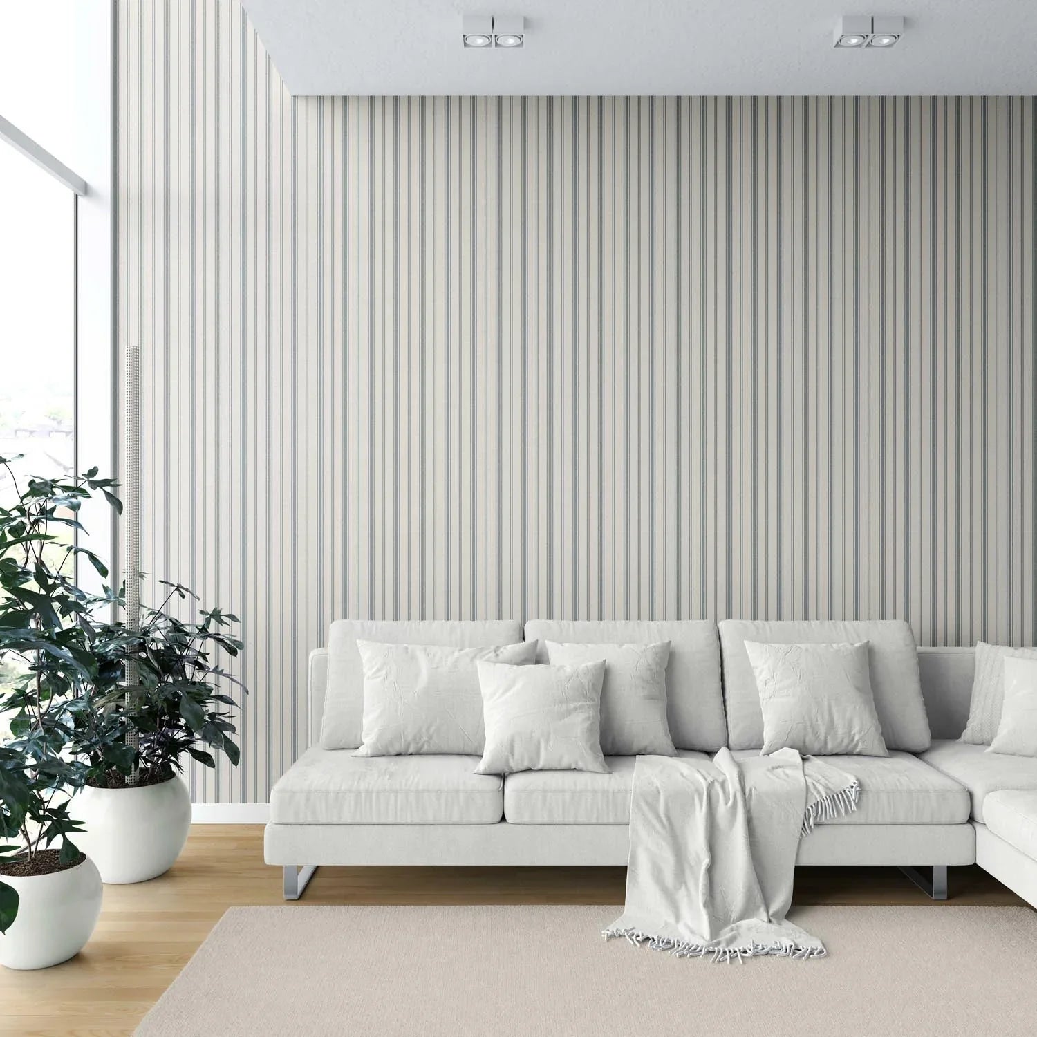 Neutral Geometric Striped Shower Toilet Wallpaper (Ash Grey/ Cream)