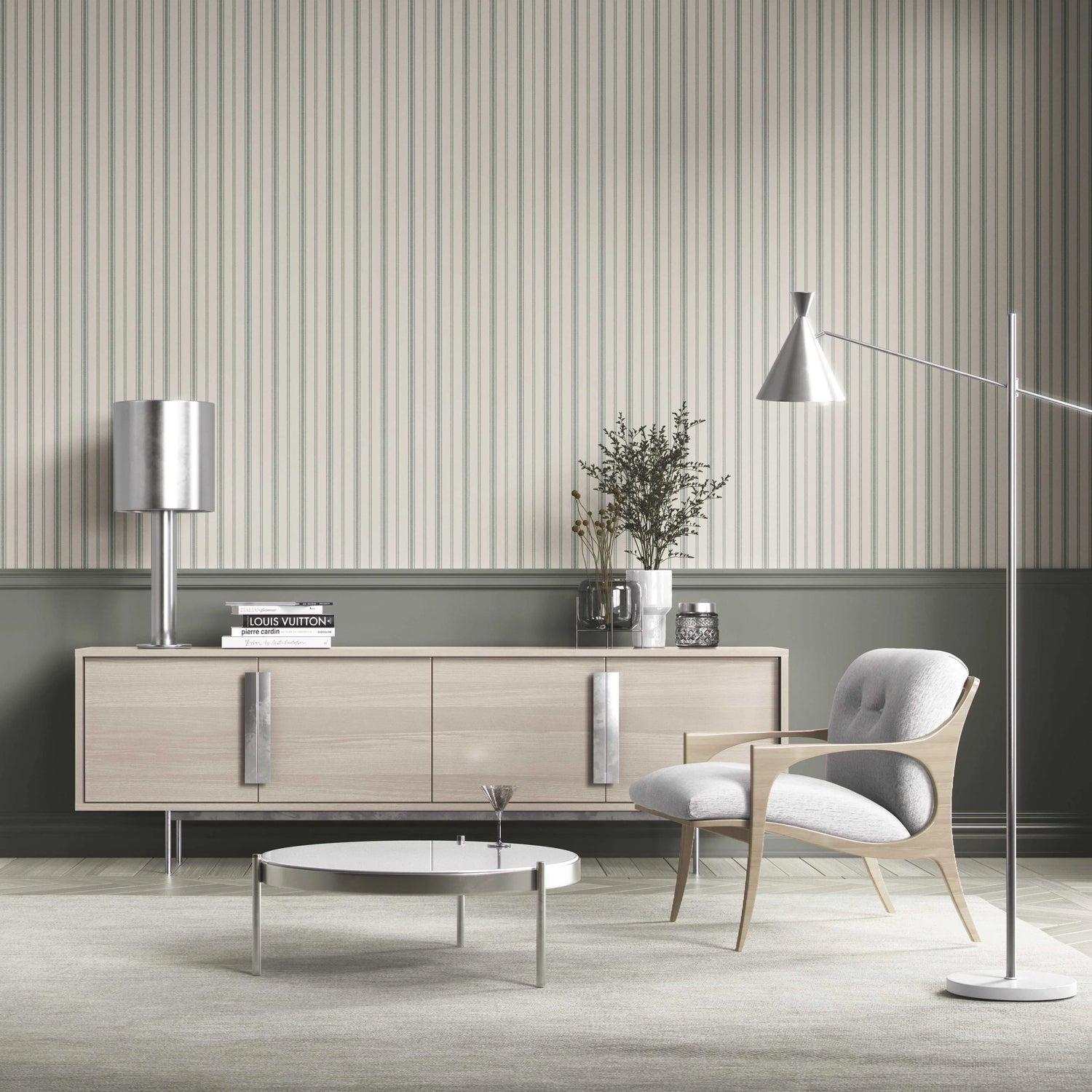 Geometric Striped Bathroom Wallpaper (Sage Green/ Cream)