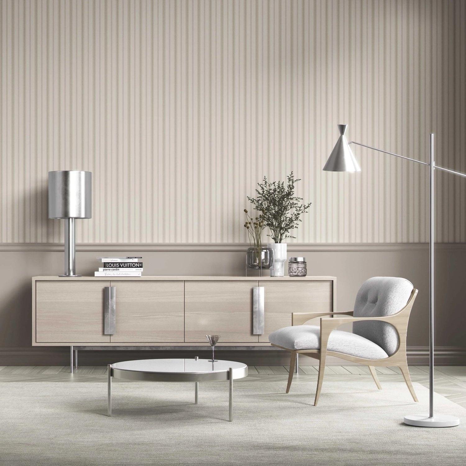 Neutral Geometric Striped Bathroom Wallpaper (Beige/ Greige/ Taupe)