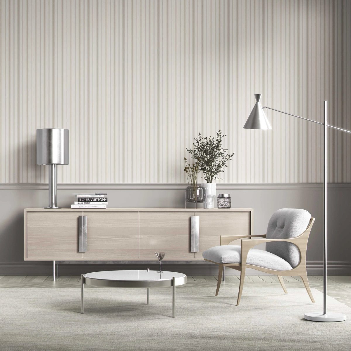 Neutral Geometric Striped Bathroom Wallpaper (Greige/ Taupe Grey)