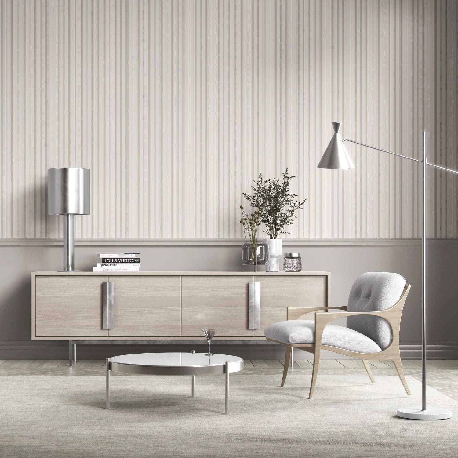 Neutral Geometric Striped Bathroom Wallpaper (Greige/ Taupe Grey)