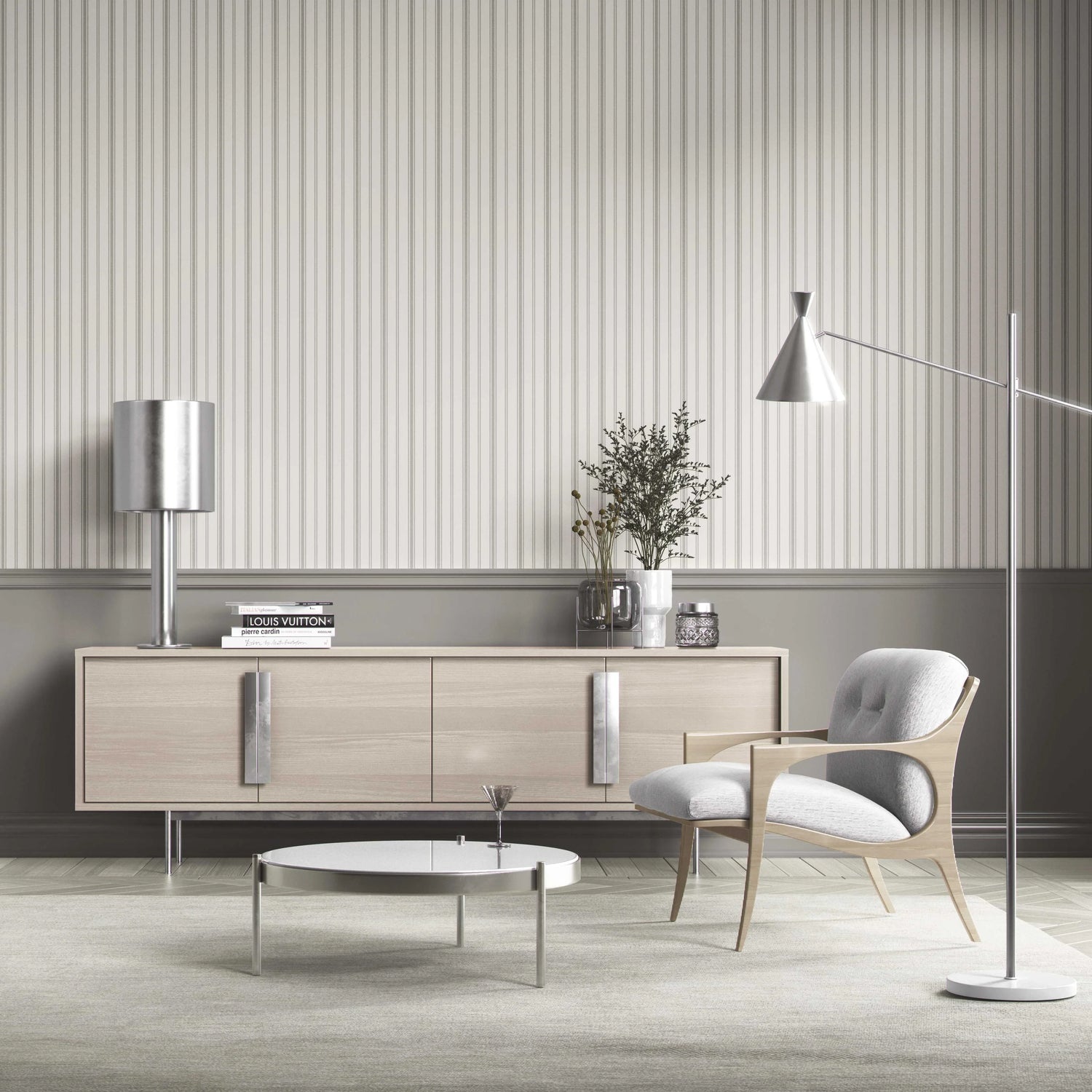 Neutral Geometric Striped Bathroom Wallpaper (Stone Grey/ Cream)