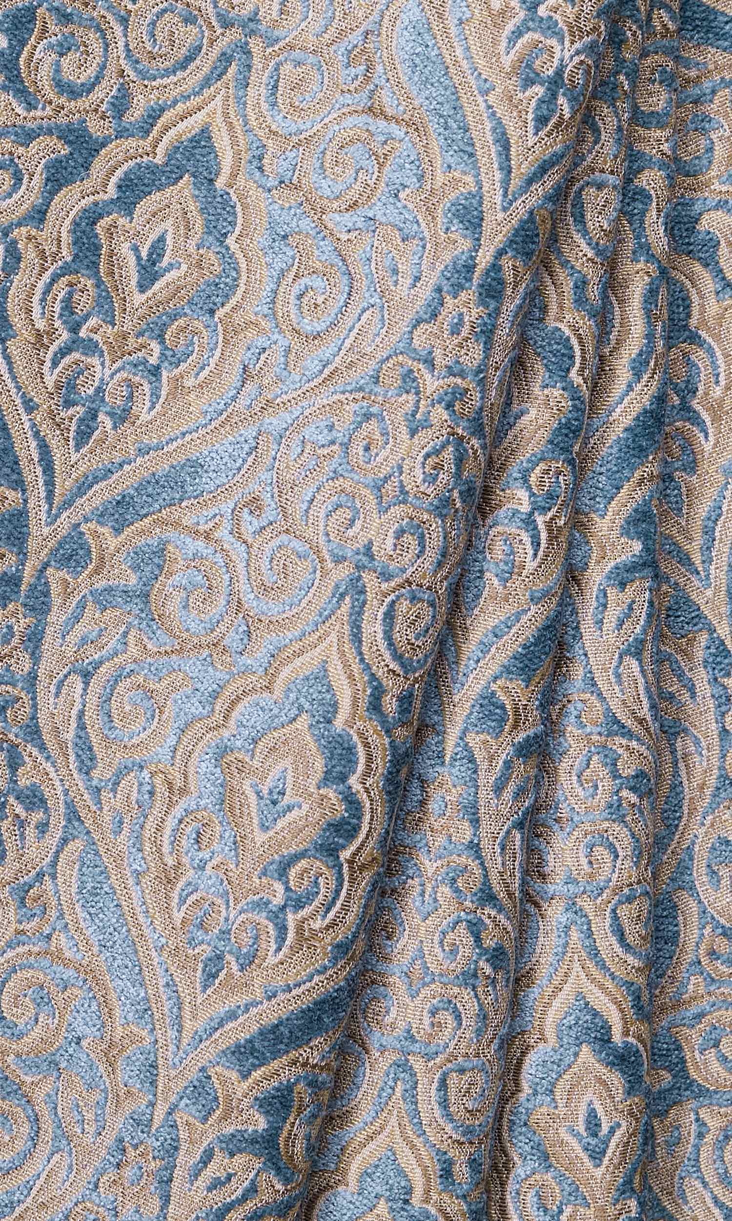Damask Velvet Window Treatments Fabric By the Metre (Beige/ Blue)