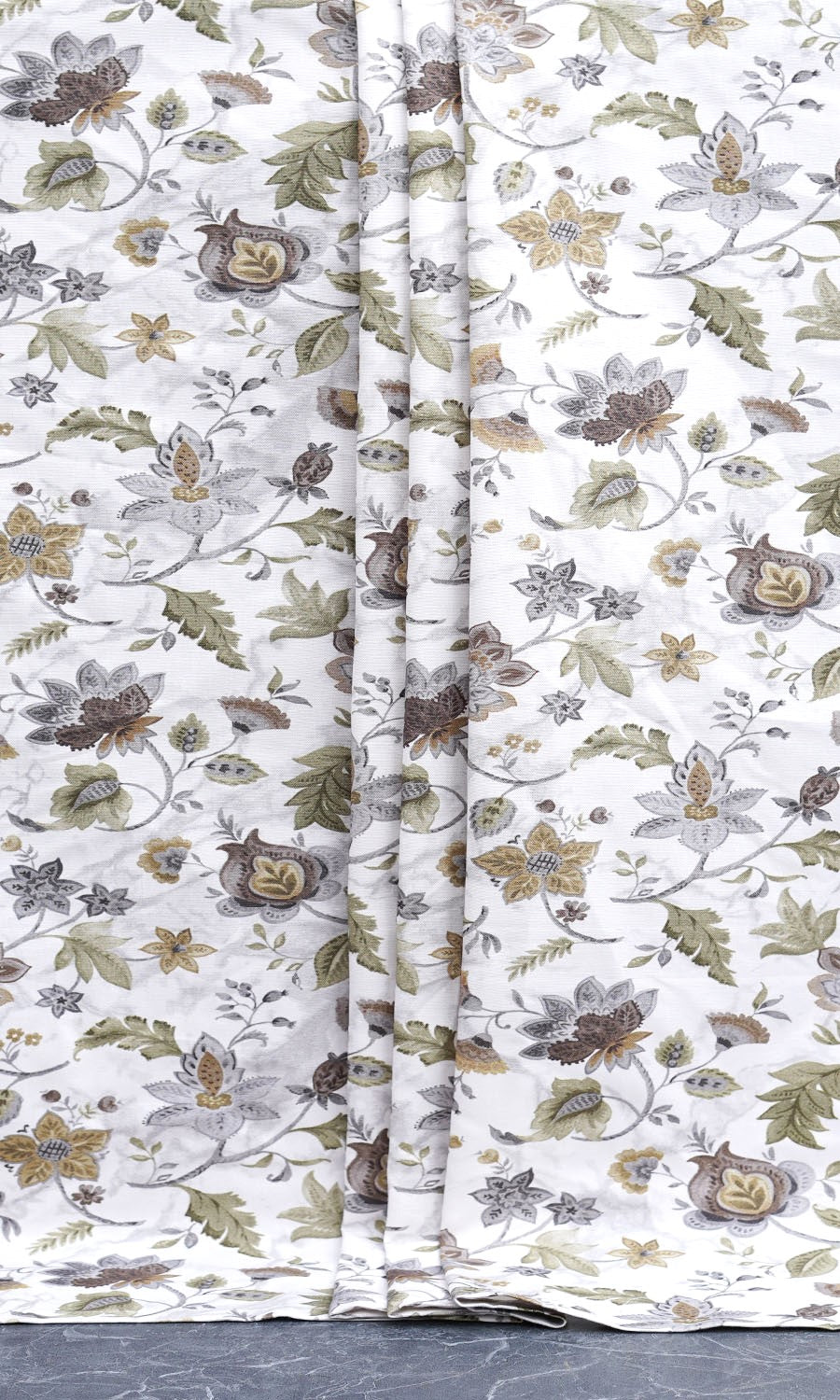 Floral Cotton Window Treatments Fabric Sample (White/ Grey/ Green)