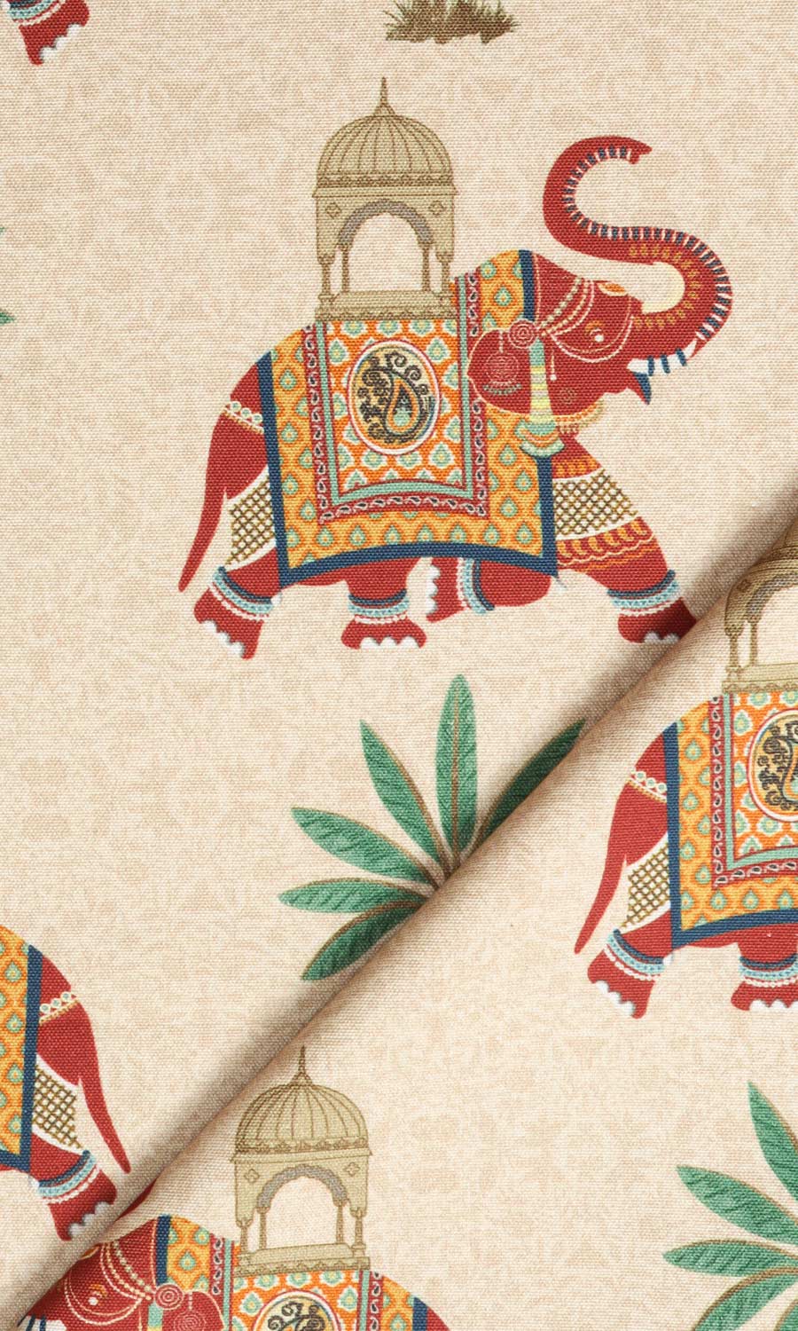 Elephant Print Cotton Home Textile Fabric Material By the Metre (Ivory/ Red/ Green)