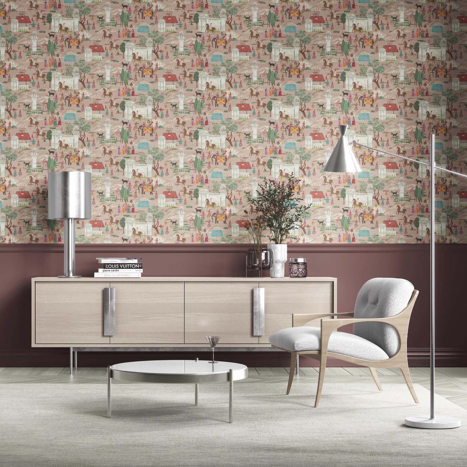 Ethnic/ Heritage/ Horses & Castles Print Kitchen Wallpaper (Pink/ Green/ Red/ Blue)
