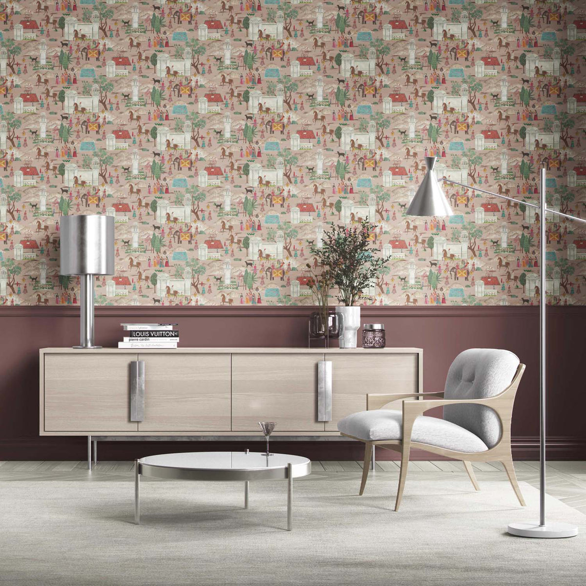 Ethnic/ Heritage/ Horses & Castles Print Kitchen Wallpaper (Pink/ Green/ Red/ Blue)
