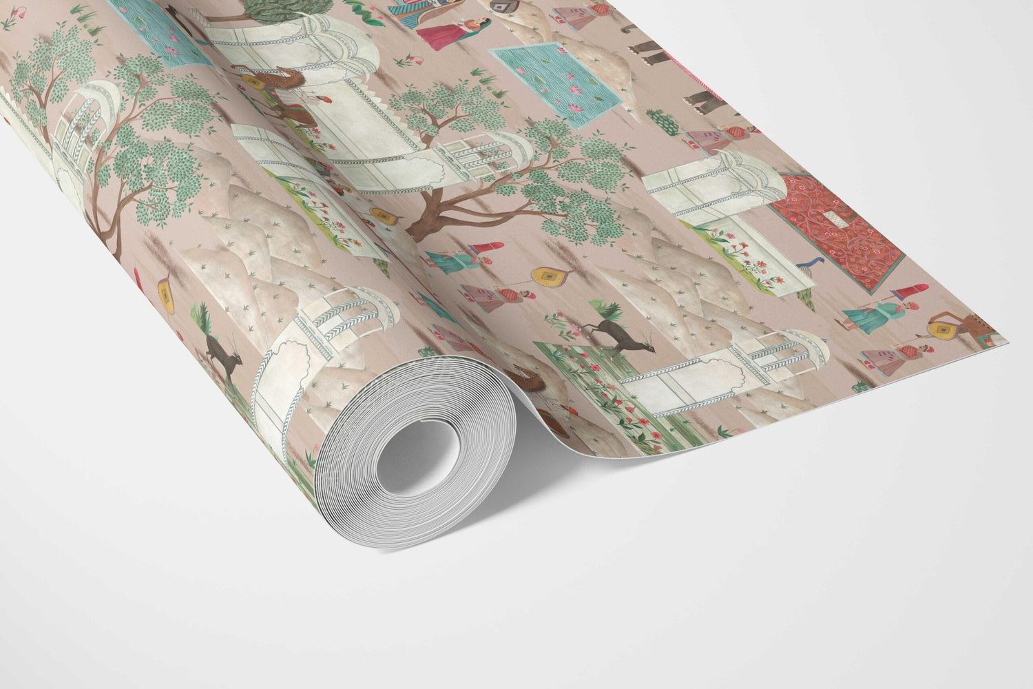Ethnic/ Heritage/ Horses & Castles Print Bathroom Wallpaper (Pink/ Green/ Red/ Blue)