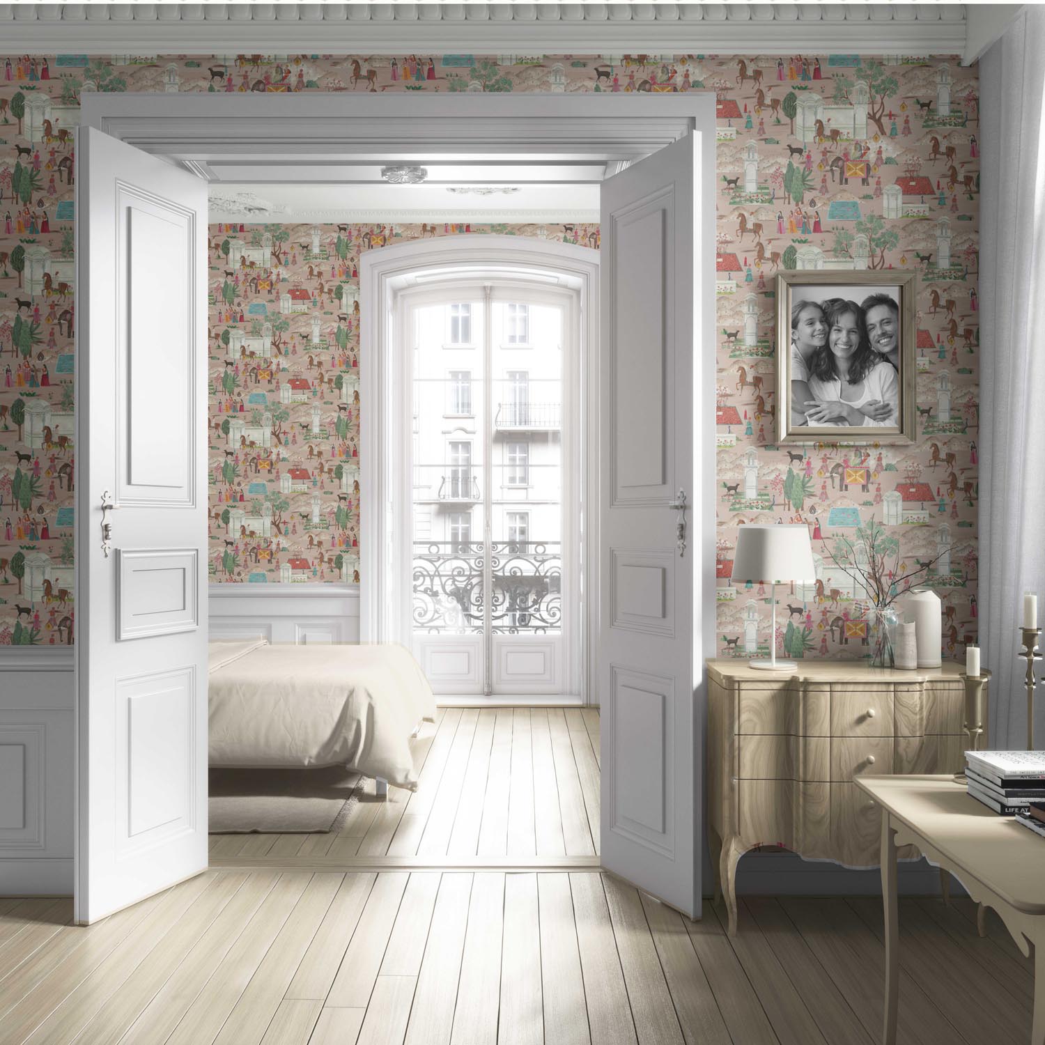 Ethnic/ Heritage/ Horses & Castles Print Living Room Wallpaper (Pink/ Green/ Red/ Blue)